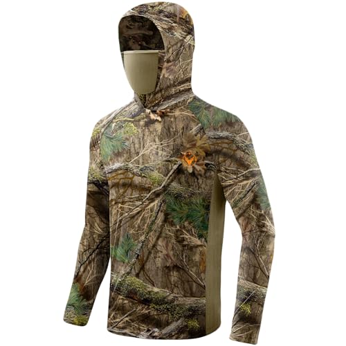 Palmyth Hunting Hoodie with Mask for Men Sun Protection Camo Fishing Shirts | UPF 50+, Mask Neck Gaiter, Quick Dry, 2 Zipper Pockets, Side Mesh Vent, Thumb Loops, Moisture Wicking, Stretchy, Breathable - color: Misty Thicket, size: 4X-Large