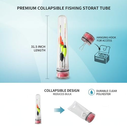 Collapsible Fishing Float Storage Tube - Clear Polyester Tackle Organizer with Hanging Hook, 31.5 Inch Bobber Bag for Space-Saving Gear Protection (1 Pack)