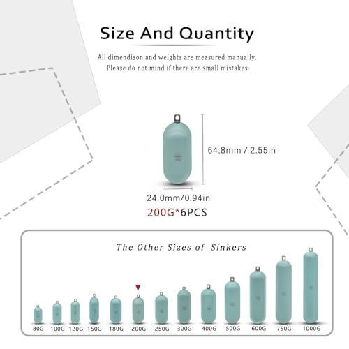 Lead Free Fishing Weights Sinkers 80g-1000g Coated Raindrop Weights Bank Sinkers Cylindrical Deep Drop Weights Assorted Sizes Bag Non-Lead Fishing Weights Saltwater for Bottom Fishing - style: 200g(7.05oz)-6pcs