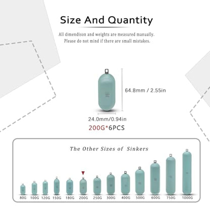 Lead Free Fishing Weights Sinkers 80g-1000g Coated Raindrop Weights Bank Sinkers Cylindrical Deep Drop Weights Assorted Sizes Bag Non-Lead Fishing Weights Saltwater for Bottom Fishing - style: 200g(7.05oz)-6pcs