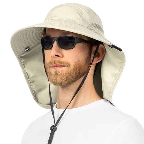 SUN CUBE Wide Brim Sun Hat with Neck Flap for Men Women, UPF50+ Fishing - color: Beige