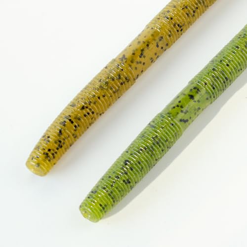 Senko Bait Soft Plastic Lures 5" Senkos 24 Pcs/100pcs for Wacky Rig Freshwater Fishing Green Pumpkin senko with Black Flake Pink Watermelon Double Color - style: Green Pumpkin Watermelon