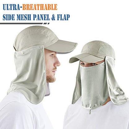 Outdoor Sun Hat for Men Women UPF 50+ Fishing UV Hat with Neck Flap Face Cover for Sun Protection - color: Khaki