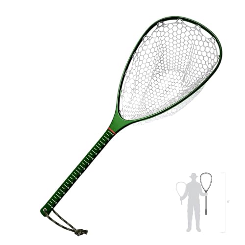 Riverruns Fly Fishing Landing Net Carbon Fiber Trout Net with Measurement Handle, Soft Rubber Mesh - 26" Standard (Wading) / 37" Long (Kayak) - color: 37" Kayak Net (Long) - Green Carbon