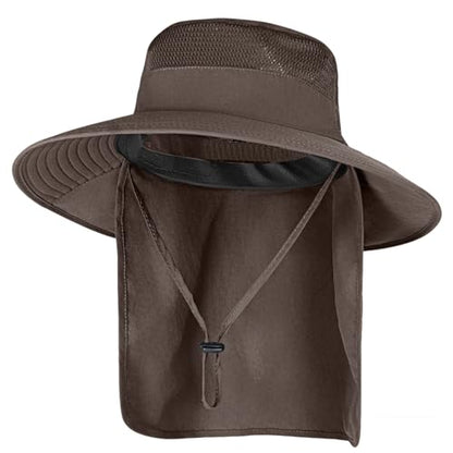 Sun Hats for Men Women Fishing Hat UPF 50+ Breathable Wide Brim Bucket Hats Summer UV Protection Safari Hat with Neck Flap - color: Coffee