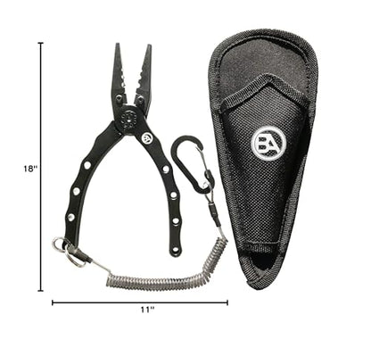 Black Anchor Fishing Accessory Kit | 6.7" Aluminum Plier, Stainless Lip Gripper, Buff Face Shield, Wire Cutter, Split Ring Braid Scissor, Microfiber Towel
