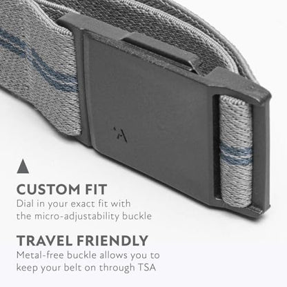 Arcade Belts Mens Explore Belt, Stretch Webbing for Max Comfort & Custom Fit, Metal-Free Buckle, Machine Washable Travel Belt - color: Stripe - Charcoal/Navy