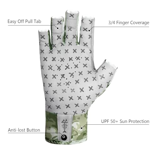 BASSDASH 3/4 Finger UPF 50+ Sun Gloves Breathable Anti-Slip Silicone Palm for Men Women Fishing Fingerless Cycling Running - color: Moss Shadow Camo, size: X-Large