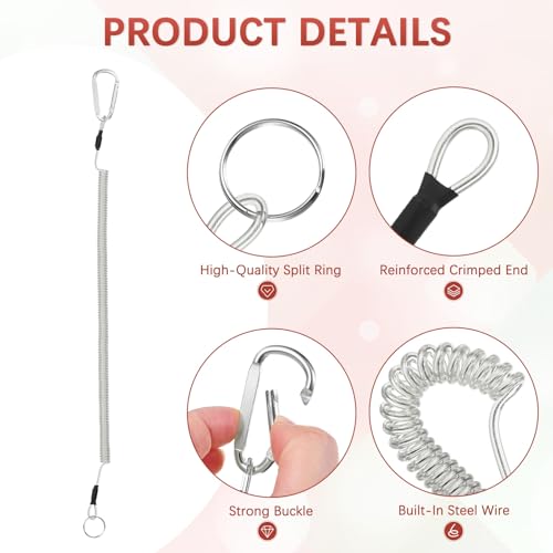 16.54IN Retractable Safety Coiled Lanyard [3PCS] - Steel Wire Fishing Rod Safety Lanyard Use for Pliers Boating - color: Silver Tone