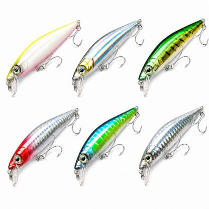 Floating Minnow Fishing Lure, 3.35in 0.30oz ABS Hard Bait with BKK 3X Size 6 Treble Hooks, Weight Transfer Rattle, 1-3ft Shallow Diving Lure for Bass Trout Walleye, Boxed - color: B01-6PCS/0.3OZ-3.35"