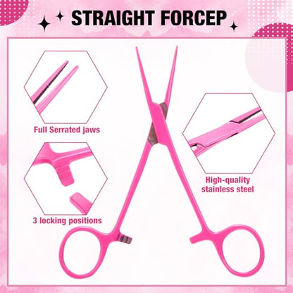 BBTO Hemostat Curved and Straight Hemostat Forceps Piercing Pliers Forceps, Stainless Steel Straight and Curved Pliers, Fishing Tweezer(Pink,2 Pcs) - color: Pink