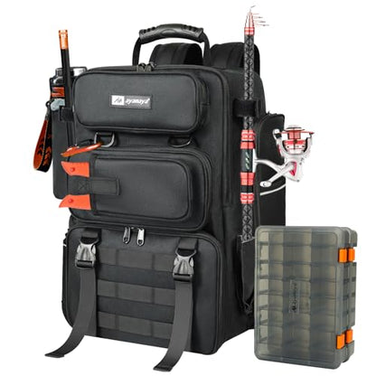 AYAMAYA Fishing Backpack, 40L Tackle Backpack with Rod Holders & 2 Tackle Trays, Large Water-resistant Fishing Bag Equipments - color: Black, 2 Tackle Boxes