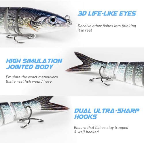 GOTOUR Jointed Swimbaits, Easy Catch Fishing Lures for Bass Trout Crappie | Wiggling Vibrating Rattling Gurgling for More Bites, Heavy-Duty Dyneema Fiber, Slow Sinking, Fresh & Saltwater Fishing Baits - color: A3-5"-0.8oz