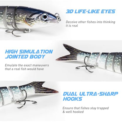 GOTOUR Jointed Swimbaits, Easy Catch Fishing Lures for Bass Trout Crappie | Wiggling Vibrating Rattling Gurgling for More Bites, Heavy-Duty Dyneema Fiber, Slow Sinking, Fresh & Saltwater Fishing Baits - color: A3-5"-0.8oz