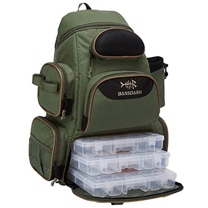 BASSDASH Fishing Tackle Backpack Water Resistant Tactical Bag Soft Tackle Box with Rod Holder and Protective Rain Cover - color: Green Backpack [3600] With 3 Trays