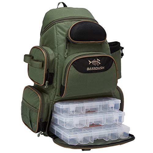 BASSDASH Fishing Tackle Backpack Water Resistant Tactical Bag Soft Tackle Box with Rod Holder and Protective Rain Cover - color: Green Backpack [3600] With 3 Trays