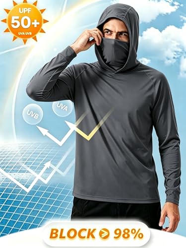 LeeHanTon Men UPF 50+ Sun Protection Hoodie Long Sleeve Shirts Dry-Fit UV Breathable Work Athletic Summer Pullover Sweatshirt - color: A-dkgy-with Mask, size: XX-Large