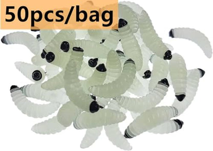 50pcs-1Inch Bass Fishing Worms Lures,Silicone Soft Maggot Baits Bread Worm Fishing Lure,5 Color - color: Luminous