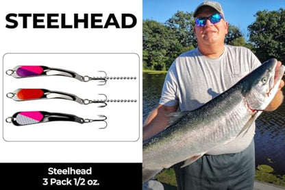 IRON DECOY Spoon Fishing Lures 3-Pack, Multi-Species Metal Spoons for Trout, Walleye, Bass, Salmon, Pike, Ice Fishing & Trolling, Vibrating Spoon Lure Kit - color: Steelhead, 1/2 oz