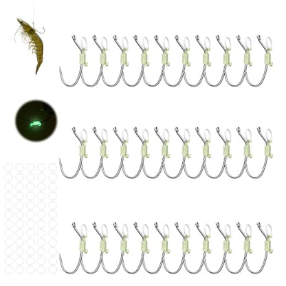 KANAMA Luminous Live Shrimp Hooks - High Carbon Steel Fishing Hooks Saltwater Corrosion Resistant Barbed Strong Hooks Freshwater Shrimp Walker, Ideal for Bass, Groupers, Pike, Catfish & More - size: S ×30