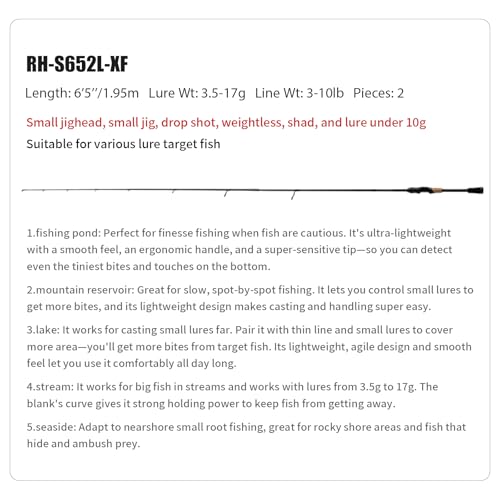 PURELURE Sharpen Fishing Rod 6'5'' - 9'2'' Spinning & Bait Casting Rod, M40JB+T1100G Carbon Fiber Blank, XF/MF Action Fishing Pole 2 Piece, Carbon Reel Seat Cork and EVA Handle, Fuji Guides - style: Spinning: S652l-xf-2pcs