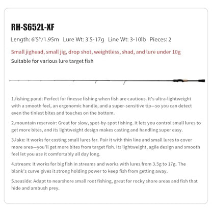 PURELURE Sharpen Fishing Rod 6'5''-9'2'' Spinning & Casting Rod L/ML/M/MH/H | M40JB+T1100G Carbon Fiber Blank, XF/MF Action Fishing Pole 2 Piece, Carbon Reel Seat Cork and EVA Handle, Fuji Guides - style: Spinning: S652l-xf-2pcs