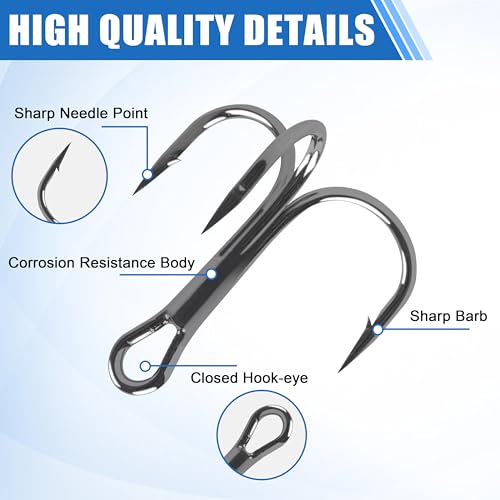 OROOTL Fishing Treble Hooks Kit, 120pcs Assorted Classic High Carbon Steel Treble Fishing Hooks Size 1 2 4 6 8 10 Round Bend Triple Hook for Saltwater Freshwater