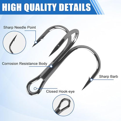 OROOTL Fishing Treble Hooks Kit, 120pcs Assorted Classic High Carbon Steel Treble Fishing Hooks Size 1 2 4 6 8 10 Round Bend Triple Hook for Saltwater Freshwater