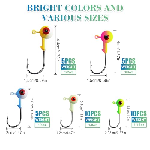 Fishing Jig Heads Assorted Size Round Painted Ball Head Hooks for Walleye Bass Trout Crappie Jig Heads Freshwater Saltwater,1/2oz 3/8oz 1/4oz 1/8oz 15-40pcs