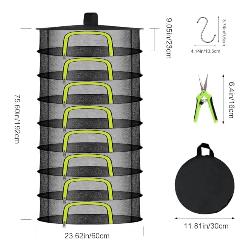 8 Layer Herb Drying Rack, Herb Drying Rack Hanging Mesh, Foldable Grass Drying Rack with U-Shaped Zipper, Garden Scissors, Hooks, for Drying Herbs Plants, Flowers, Fruits, Food - size: 8 Layers-23.62''