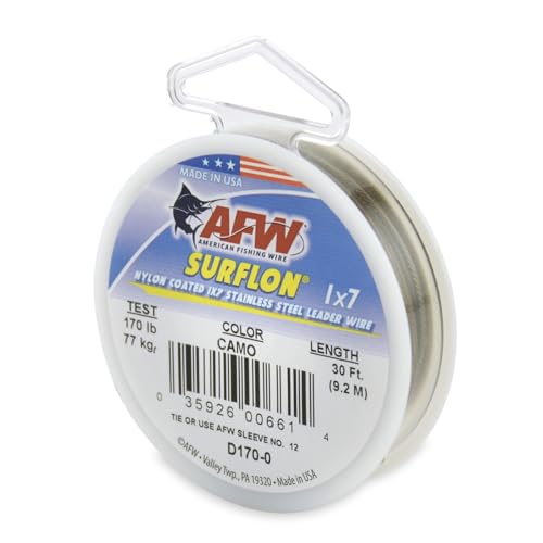American Fishing Wire Surflon Nylon Coated 1x7 Stainless Steel Wire Leader - Wire Fishing Leader Line for Saltwater 10lb Up To 250lb Test in Bright, Black, Camo in 30ft, 100ft, 300ft, & 1000ft Lengths - color: Camo, style: 30 Feet, 170 Pound Test