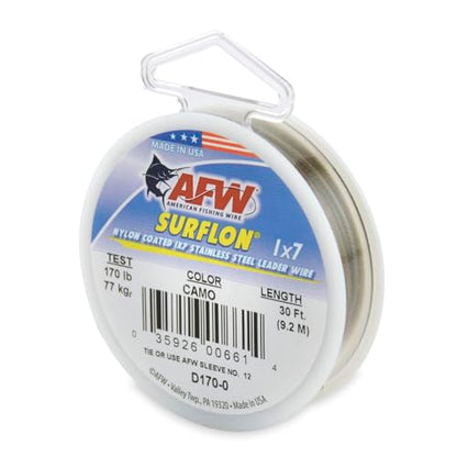 American Fishing Wire Surflon Nylon Coated 1x7 Stainless Steel Wire Leader - Wire Fishing Leader Line for Saltwater 10lb Up To 250lb Test in Bright, Black, Camo in 30ft, 100ft, 300ft, & 1000ft Lengths - color: Camo, style: 30 Feet, 170 Pound Test