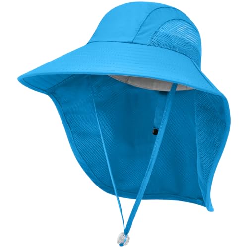 Kids Sun Hat UPF50+ Summer Beach Play Sun Protection Hats with Neck Flap for Ages 5~14 Girls Boys - color: Blue