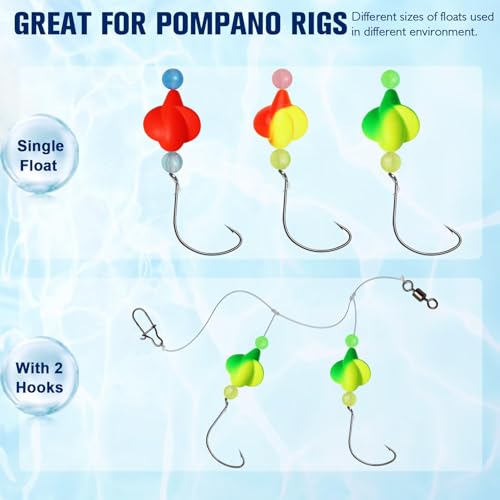 Dovesun 220/104/80/60/54/52/42pcs Pompano Rig Floats for Surf Fishing Foam Bobbers for Fishing Fly Fishing Bobbers Floats Bright Color Kit/Round/Cylindrical/Heart/Bullet/Pill/Spin Shape - color: Spin Floats-42pcs