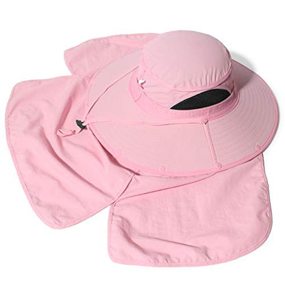 Sun Blocker Hats Outdoor Sun Protection Fishing Cap with Neck Flap Large Brim Outdoor Hat - color: Pink