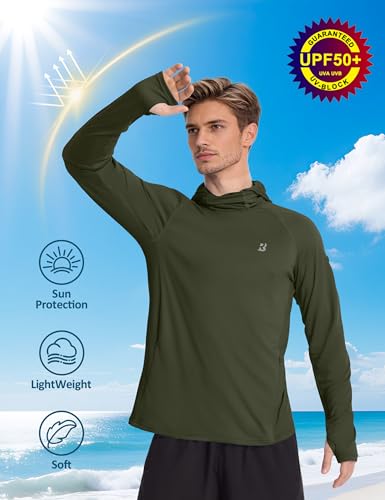 Roadbox Mens UPF 50+ Sun Protection Hoodie, Long Sleeve Fishing Shirt with Mask, Lightweight UV SPF Hooded for Hiking Running - color: Dark Green, size: Large