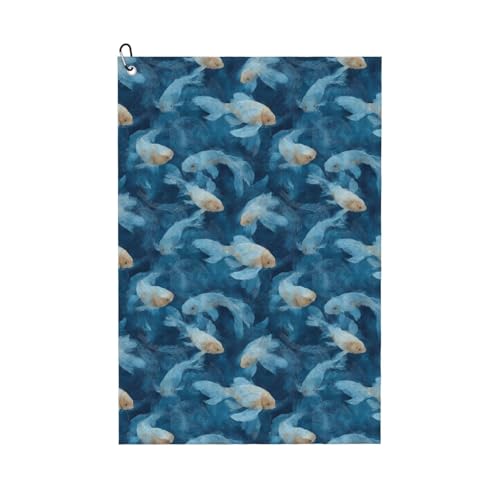 Blue Fish Pond Print Golf Towel, Microfiber Golf Towels for Bags with Carabiner Clip 16 x 24 inches, Men Womens Golfs Accessories