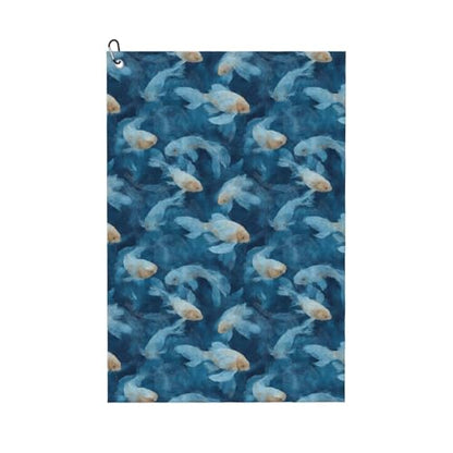 Blue Fish Pond Print Golf Towel, Microfiber Golf Towels for Bags with Carabiner Clip 16 x 24 inches, Men Womens Golfs Accessories