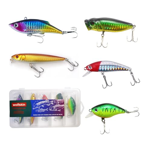 WOLFSKIN Fishing Lures Kit, Fishing Baits Set, Included Crankbaits, Curly Tail Jigs, Spoons, Hooks, Weights, Fishing Accessories with Tackle Box, for Carp, Bass, Freshwater Saltwate - color: 5p hard lures