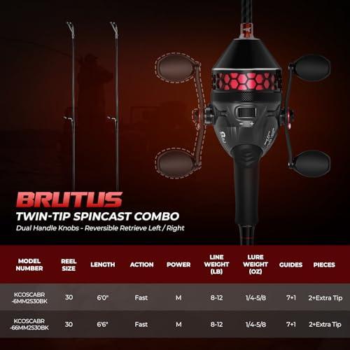 KastKing Brutus Twin-Tip Fishing Rod and Reel Combo, Baitcaster, Spinning & Spincast Combo, IM6 Graphite 2-Piece Rod with Backup Tip Section, EVA Handle, Durable & Sensitive, Freshwater Fishing - size: 30 Reel, 6'0" M(2 Pcs + Extra Tip), style: ‎spincast