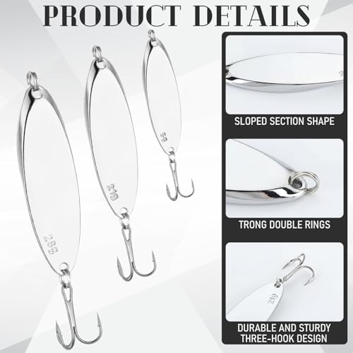 Shappy 15 Pcs Fishing Spoons Lures Treble Hooks Fishing Spoons 3 Sizes Hard Metal Casting Spoon Lures for Bass Trout Salmon Freshwater Saltwater in 1/5 3/4 1 oz - color: Silver