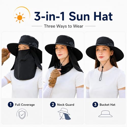 Sun Hat Unisex Face Coverage Shield Neck Flap Cap Garden Lawn Work Sports Hiking Fishing Hats - color: Kcl015-black