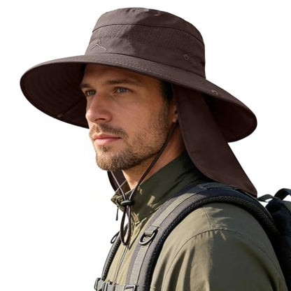 Sun Hats for Men Women, UPF50+ Protection Safari Hat,Wide Brim Fishing Hat with Neck Flap,Bucket Hats for Beach Hiking - color: Coffee