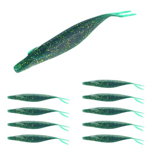 Soft Plastic Jerkbait Fishing Lures, 5 Inch Fluke Style Minnow Swimbaits for Bass, Walleye, Trout & Crappie, Scented Soft Baits for Freshwater & Saltwater, 10 Pack - color: Dark Green