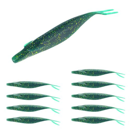 Soft Plastic Jerkbait Fishing Lures, 5 Inch Fluke Style Minnow Swimbaits for Bass, Walleye, Trout & Crappie, Scented Soft Baits for Freshwater & Saltwater, 10 Pack - color: Dark Green