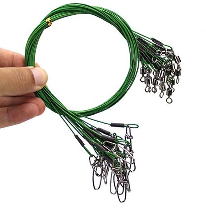 20pcs Fishing Wire Leaders Heavy Duty Fishing Stainless Steel Wire Leaders 150LB High Strength Fishing Leaders with Swivels and Snaps Black/Red/Green - color: Green Leader
