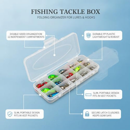 Kayak and Bank Fishing Essential: Double-Sided Folding Tackle Box with 12 Compartments for Lures, Slim PP Plastic Organizer - color: Clear