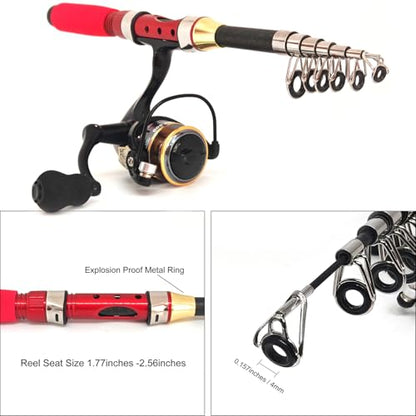 Portable Compact Small Fishing Rod and Reel Combos, 4.9Ft Telescopic Fishing Pole and Metal Spool Reel with Line, Hook, Lure, Bag for All Season Travel Fishing, for Teens & Beginners - color: Red- Fishing Rod and Reel