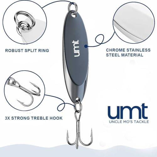 UMT Chrome Fishing Spoon Lure 3/4oz,1oz, 2oz – Sharp 3/0 Treble Hook for Freshwater & Saltwater Bluefish, Trout, Steelhead 1, 5, 10 Pack Options - size: 1 Pack