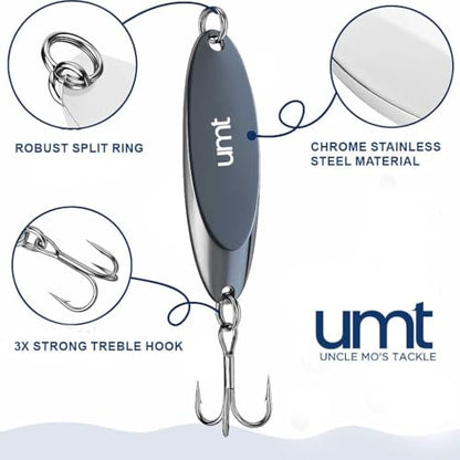 UMT Chrome Fishing Spoon Lure 3/4oz,1oz, 2oz – Sharp 3/0 Treble Hook for Freshwater & Saltwater Bluefish, Trout, Steelhead 1, 5, 10 Pack Options - size: 5 Pack